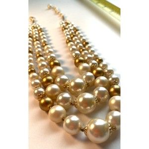 STUNNING Vintage 3 Strand Multicolor Faux Pearls Gold Tone Necklace Signed Japan